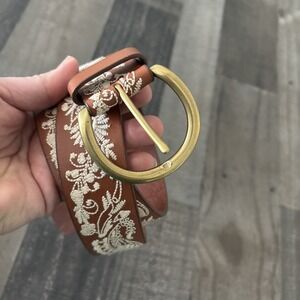 Lucky Brand Women's Brown Leather Belt sz MED Embroidered Ivory floral Western